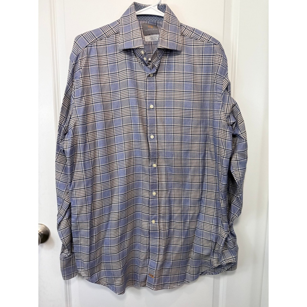 Thomas Dean Mens Blue Brown Glen Plaidβ Houndstooth 100% Cotton Shirt Large